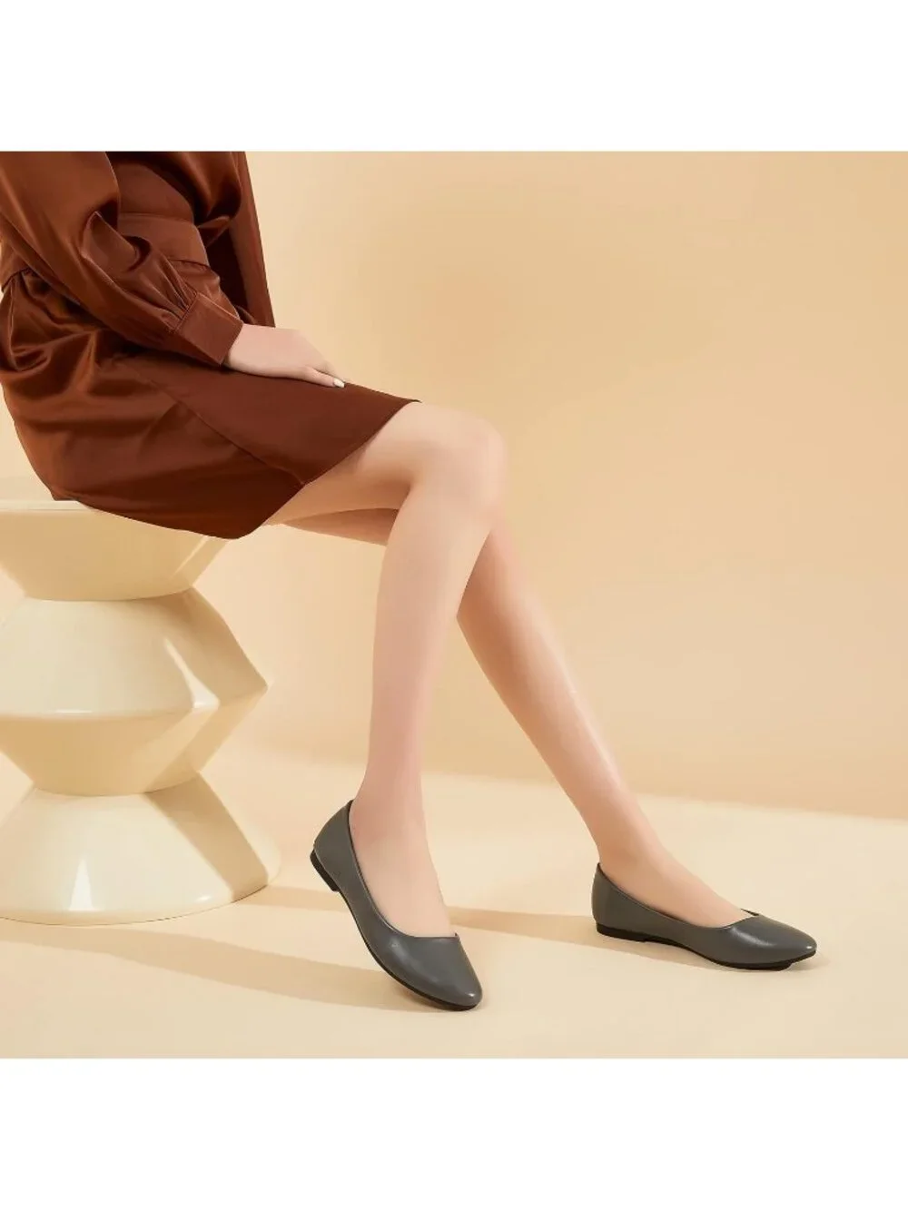 Women's Dark Grey PU Leather Closed Toe Comfortable Flexible Slip On Ballet Flat